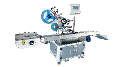 K004 Automatic Label Applicator 'top down' for pouches, flat products and packages with auto stack feeder and collection tray