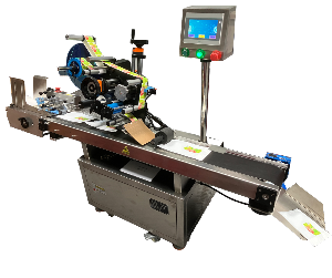 K004 Automatic Label Applicator 'top down' for pouches, flat products and packages with auto stack feeder and collection tray