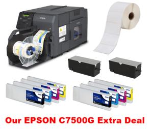 Promotion - Epson C7500G 4" High Speed Colour Inkjet Label Printer + Free extra inks, Maint Box + Free labels + Free Label Layout Software + Free 12 months on-site warranty. Call 01527 529713